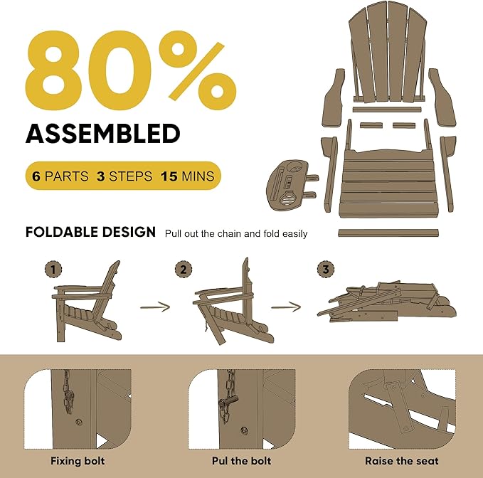Adirondack Chair, HDPE Folding Adirondack Chair with Multifunctional Cup Holder, Weather Resistant Fire Pit Chair for porches, patios, patios, poolsides, Decks.