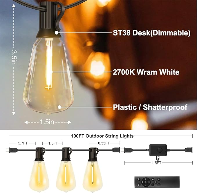 100FT Outdoor String Lights - 64+4 Bulbs(𝟏.𝟓𝐅𝐓 𝐁𝐮𝐥𝐛𝐬 𝐒𝐩𝐚𝐜𝐢𝐧𝐠) | Remote & Dimmer, 3 Light Modes & Timing, IP65 Waterproof, 100PC Mounting Ties for Patio/Outside/Commercial