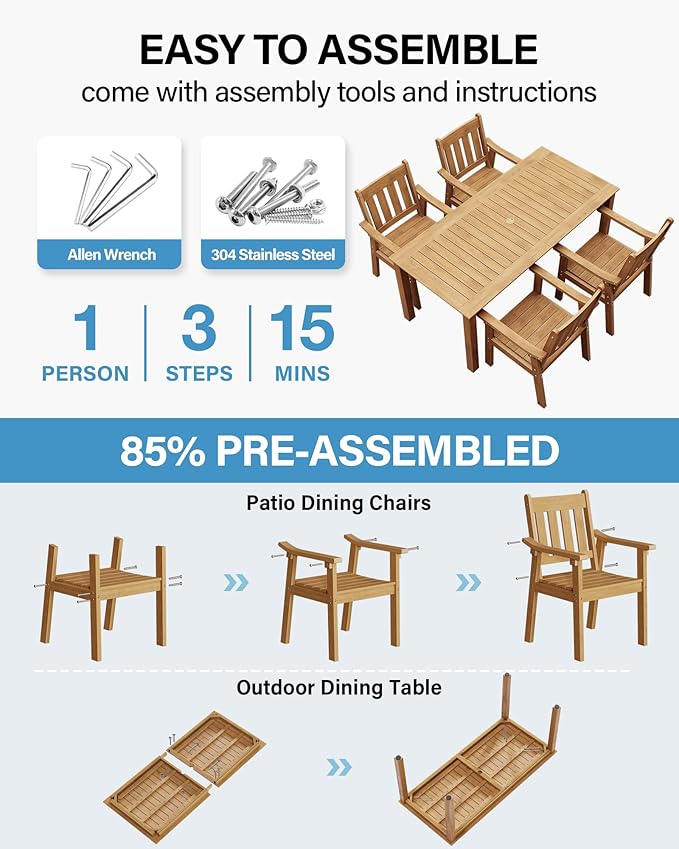 YEFU HIPS Patio Table Set: 5 Piece Outdoor Table and Chairs Dining Furniture Set with Umbrella Hole - Teak Modern Plastic Dining Sets 4 Person for Outside Deck with Metal Aluminum Frame