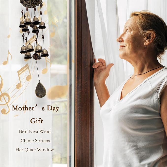 Bird Nest Wind Chime, A Mother‘s Love in Every Breeze | 25” Bronze Resin Nest with 12 Wind Bells, Soothing Gift for Mother's Day, Garden, Yard, Patio Decor