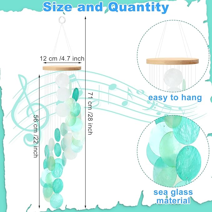 Wenqik Sea Glass Shell Wind Chimes for Outside Seaglass Capiz Windchime Spiral Wind Chimes for Women Beach Holiday Summer Gift Indoor Outdoor Home Housewarming Garden Decor(Light Blue)