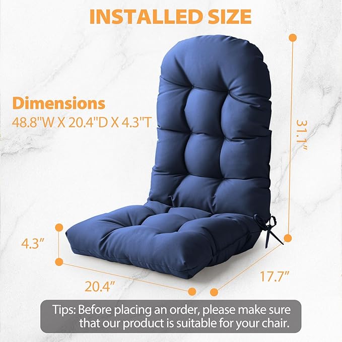 Adirondack Chair Cushion, High Back Patio Cushions with Adjustable Ties, 48.8x20.4x4.3, Waterproof Tufted Pillow, Fade Resistant Seat Rocking Chair Cushion for Indoor/Outdoor, Royal Blue, 1