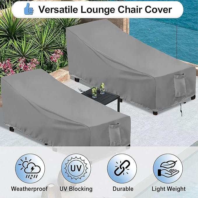 OutdoorLines Outdoor Waterproof Patio Chaise Lounge Chair Cover - UV Resistant Lounger Covers Heavy Duty Weatherproof Patio Sofa Furniture Covers, 2 Packs, 84Wx32Dx32H Inches, Gray