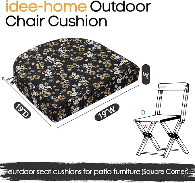 idee-home Outdoor Chair Cushions Set of 2, Thick 19" x 19" x 3" Outdoor Seat Cushions Patio Furniture Waterproof with Ties, Dining Pads