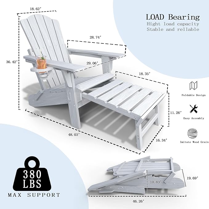 Folding Adjustable Adirondack Chairs with Ottoman & 1 Cup Holders, HDEP Multifunctional Adirondack Chair with Footrest,White