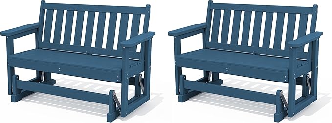 SERWALL Outdoor Glider Bench Set of 2, HDPE Weather-Resistant Swinging Bench for Backyard Garden Porch, Deep Navy