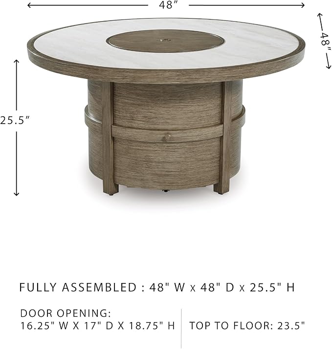 Signature Design by Ashley Rainier Ranch Contemporary Sintered Stone Tabletop Outdoor Fire Pit Table with Pedestal Base, Light Brown & Beige