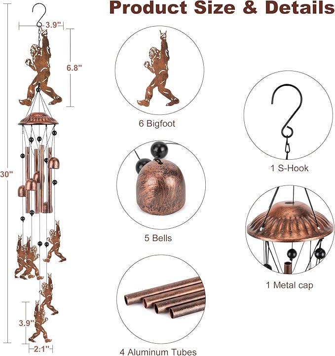 Outdoor Wind Chimes Big Foot Sasquatch Gifts Metal Windchimes for Men/Women/Memorial Gift Metal WindChimes for Outside/Indoors, Home, Lawn, Porch, Patio, Garden Decor