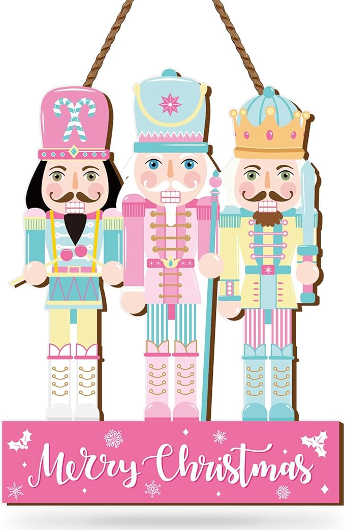 Whaline Christmas Wooden Hanging Sign Xmas Pink Blue Nutcracker Welcome Wood Sign Holiday Door Decor Signs for Indoor Outdoor Porch Wall