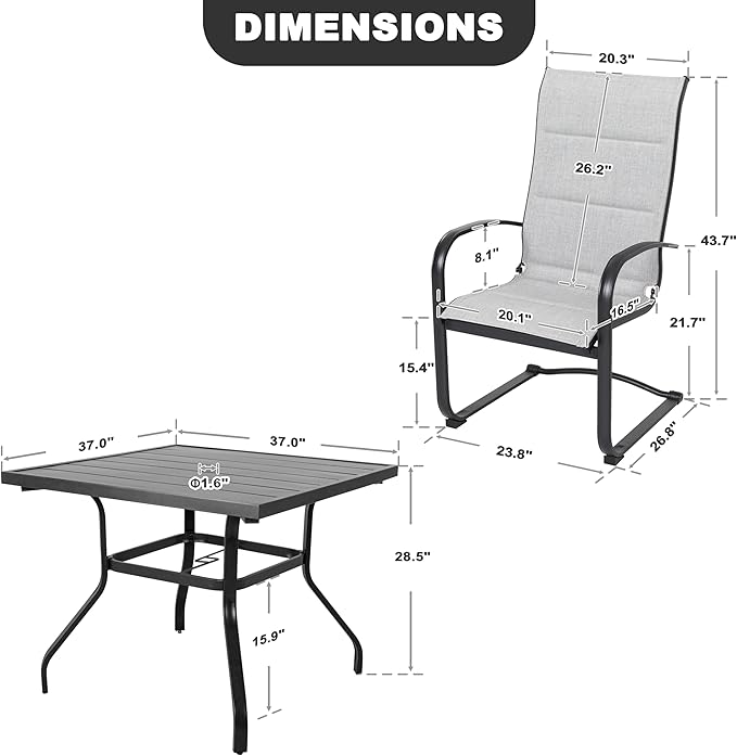 NUU GARDEN 5 Piece Outdoor Dining Set, 4 Textilene Dining Chairs and 37" Square Dining Table with 1.57" Umbrella Hole, for Backyard, Patio, Garden, Gray and Black