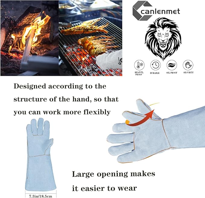 16 "electric welding gloves, Class A cowhide Kevlar thread sewn, 932°F, tear resistant, oven. Grill. Fireplace. Boiler. Stove. Argon arc welding. Wood burning barbecue. Animal handling gloves