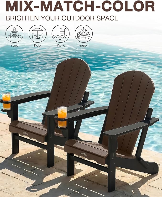 Folding Adirondack Chair –Recyclable HDPE Outdoor Adirondack Patio Chair with Cup Holder, Wood Texture & Umbrella Hole, 25-Year Fade-Free All Weather for Fire Pit, Porch, Poolside, Deck, Brown & Black