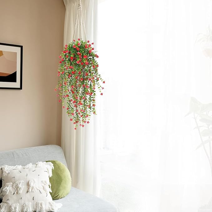 WEISPARK Artificial Hanging Flowers, 4pcs Fake Eucalyptus Vine Faux Flower Greenery Garland Plastic Plants for Indoor Outdoor Wall Garden Wedding Home Party Decor