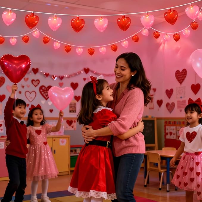 8.5Ft Valentines Day Decorations, Red & Pink Heart String Lights with 10 LED Clear Red and Pink Heart Lights, Connectable Romantic Valentine's Day Light for Wedding Valentine Anniversary Party