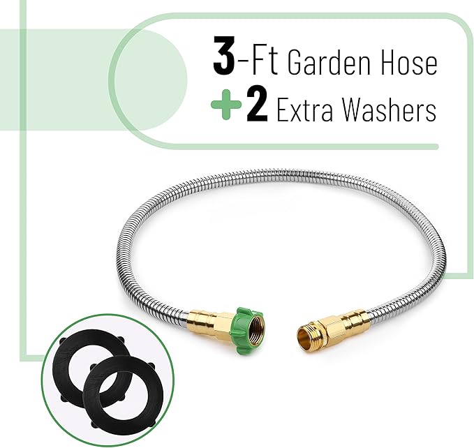UNCO 3 Feet Heavy Duty Stainless Steel Short Garden Hose, Metal, Water Hose, Non Kink, Durable, Flexible, Lightweight