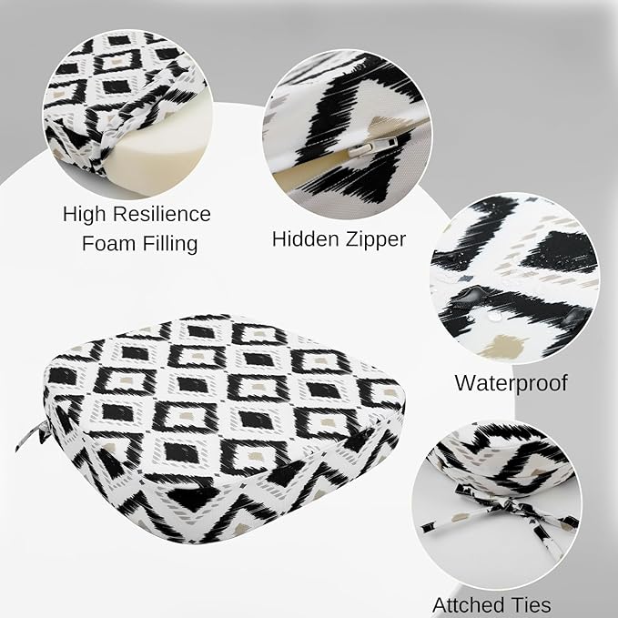 idee-home Outdoor Chair Cushions Set of 4, 17" x 17" x 3" Thick D-Shaped Patio Furniture Outdoor Seat Cushions Waterproof with Ties, Dining Pads