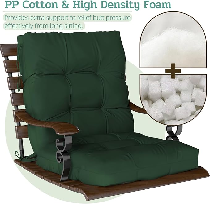 Outdoor Chair Cushions Set of 2, 42x21x4 Inch Patio Cushion for Dining/Rocking Chairs, High Back Soft Seat Pad with Ties, Indoor Outside Use, Fade-Resistant & Waterproof, Dark Green