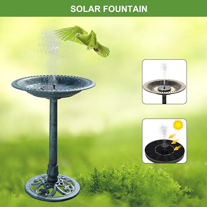 VINGLI 28 Inch Pedestal Bird Bath Solar Fountain Birdbaths with Steel Ground Anchors Weather Resistant Resin Antique Green Garden Decor for Outdoor Lightweight Courtyard…