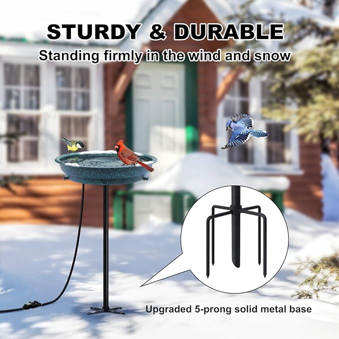 BIRD WISH Heated Bird Bath, Stable 5-Prong Metal Base Thermostat Control Weather Resistance All Seasons Available 75W Heated Bird Baths for Outdoors for Winter Garden Yard Patio Lawn, Spotted Green