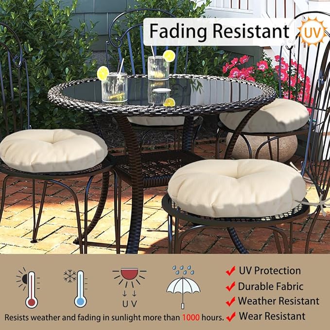 Magpie Fabrics Outdoor 15"x15"x4" Round Bistro Seat Cushions with Ties Set of 2, Tufted Waterproof Patio Floor Chair Pads for Home Garden Balcony Kitchen Office Porch, Beige