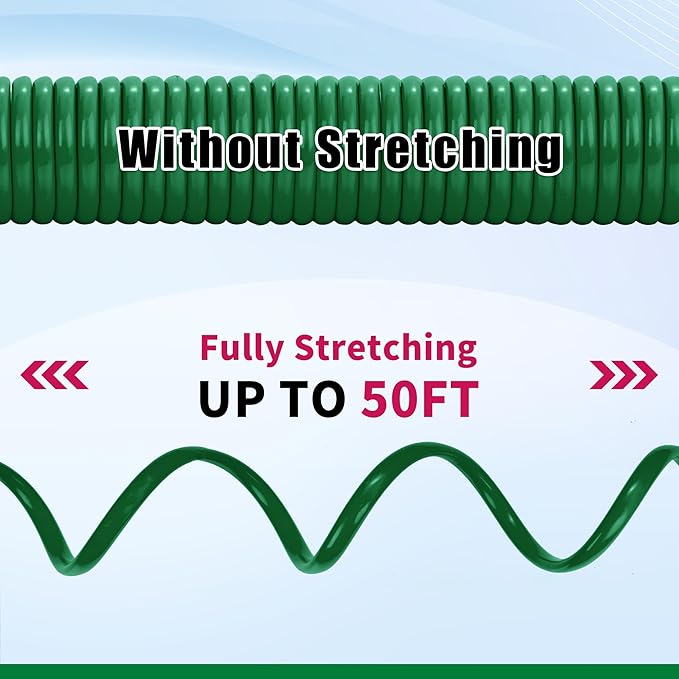 AUTOMAN Coil Garden Hose 50 ft, EVA Curly Water Hose with Brass Connectors, Recoil Garden Water Hose,Includes 7-Pattern Function Sprayer,Retractable,Corrosion Resistant Garden Coil Hose.