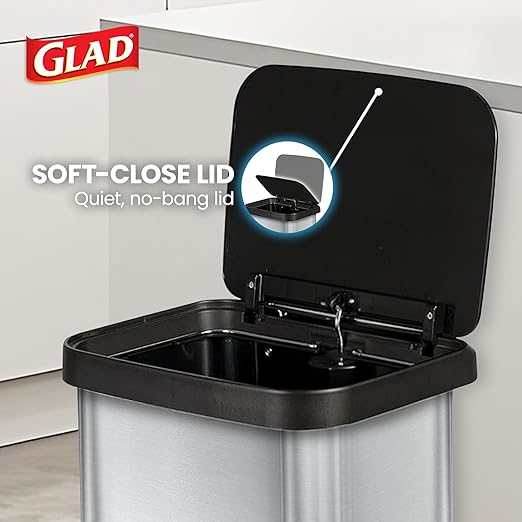 Glad 13-Gallon Stainless Steel Step Trash Can with Clorox Odor Protection, Soft Close Lid, Foot Pedal & Waste Bag Holder – Large Indoor Metal Garbage Bin for Kitchen, Home & Office Use