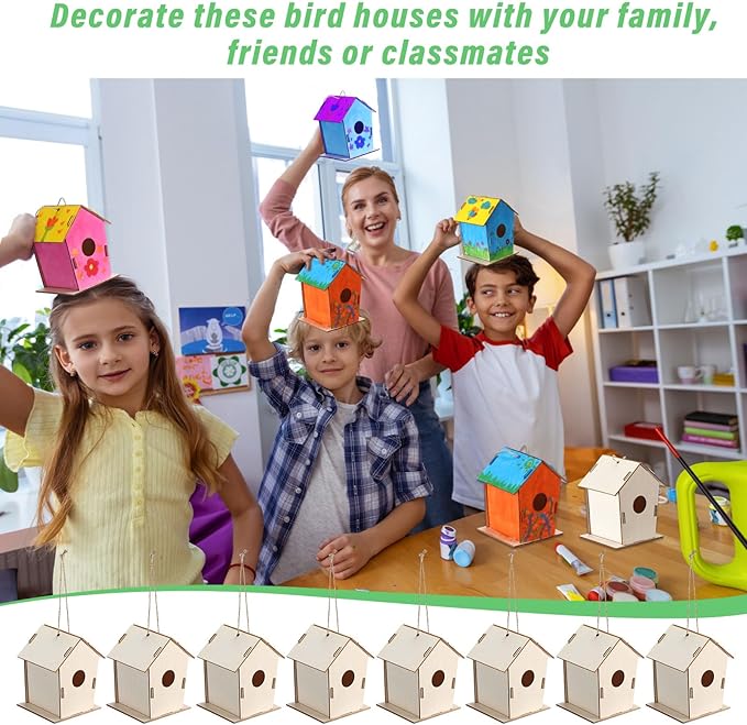 24 Pcs Bulk 6.3'' Wooden Bird Houses Kits for Kids to Build DIY Unfinished Wood Birdhouses to Paint Wood Arts and Crafts Birthday Gifts for Valentines Crafts Class Parties