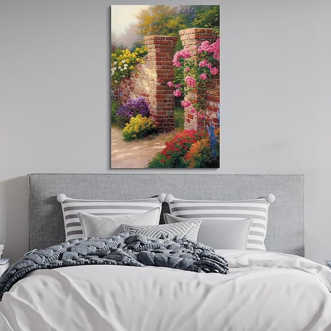 STUDIO HAVEN Thomas Kinkade Canvas Wall Art, Vibrant Floral Archway Climbing Roses Colorful Blooms Rustic Charm Oil Painting Poster Outdoor Scene Wall Decor, Framed Prints for Home Decor, 28x40Inch