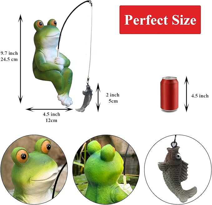 Garden Frog Pond Statue Decoration, Fishing Frog Garden Statue Outdoor Koi Pond or Waterfall Decor, 9.5" Frog Figurine Fishing Poolside Statue, Frog Gifts for Mom