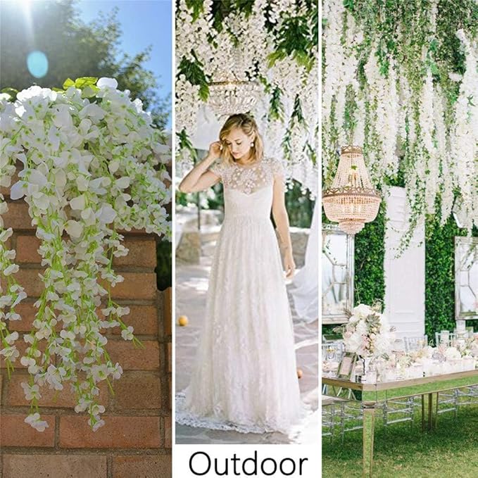 108Pcs Artificial Wisteria Flowers 3.6 Feet/Piece White Dense Artificial Fake Wisteria Vine Ratta Hanging Garland Silk Flowers String Home Party Wedding Decor(White-Dense)