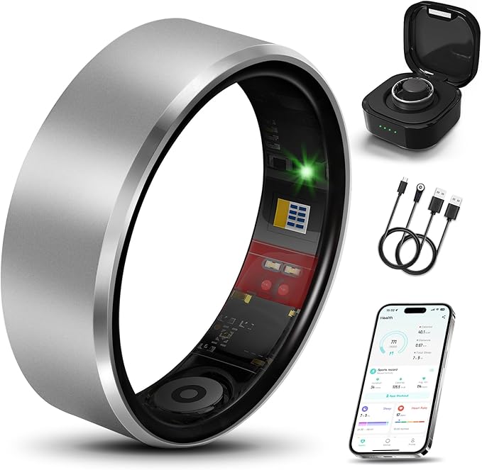 Smart Health Ring 2.0 for Women Men, Slim Scratch & Fingerprint Resistant Design, Efficient Chip Fitness Tracker, Monitors Heart, Blood Oxygen & Pressure, Sleep, Steps, Waterproof, Silver 7