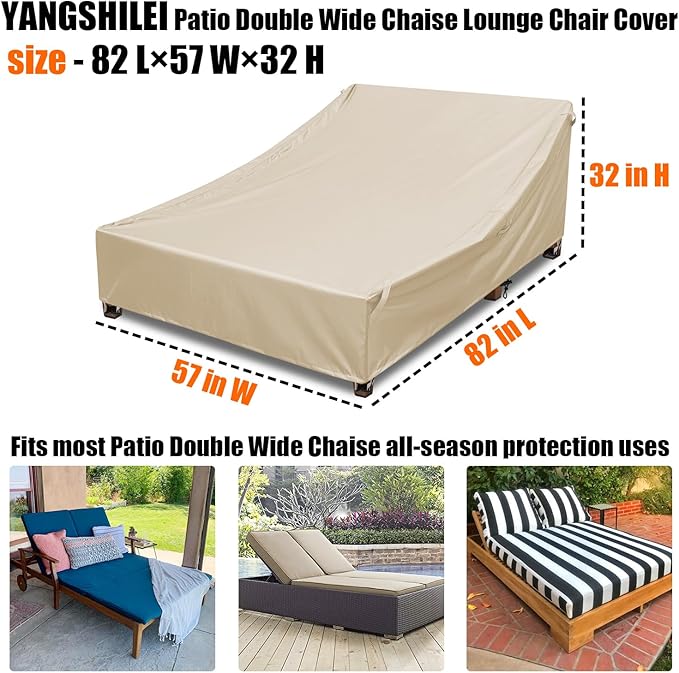 Outdoor Double Chaise Lounge Chair Cover Waterproof, 100% 600D Oxford Fabric Tear-resistant and Windproof All-season Weatherproof Protection for Patio Furniture Lounge Chair/Sunbed Daybed (Beige)