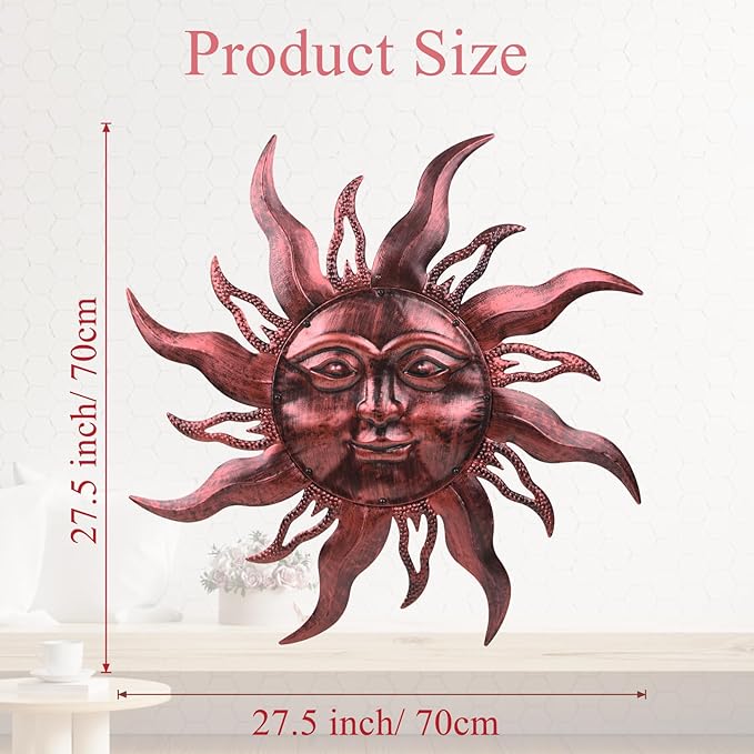 28'' Outdoor Wall Decor Rust Proof, Sun Face Metal Wall Art Decor Hanging for Indoor Outdoor, Patio, Fence, Garden(Brown)