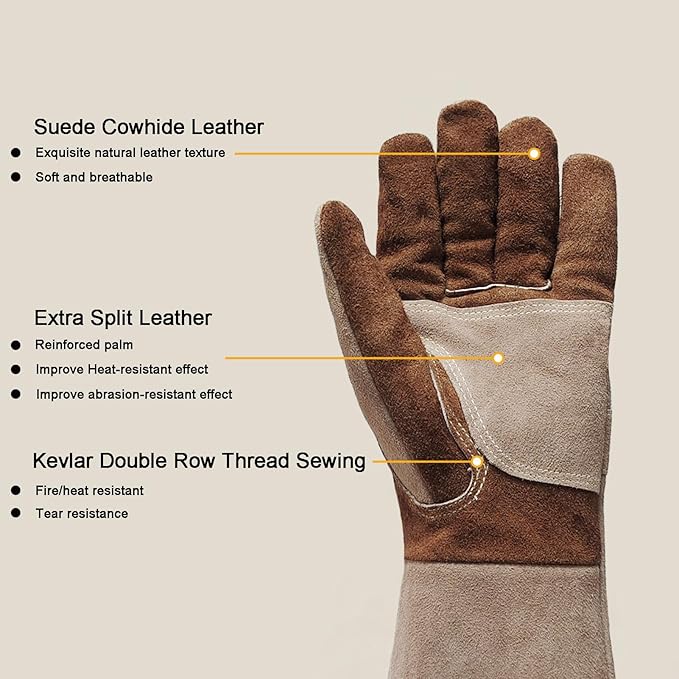 Leather Welding Gloves for Men, Long Sleeve Fireproof and Heat Resistant Mitts for Firefighting, Fireplace, Oven, Baking, BBQ, Stove, Pot Holder, Yark Work Thorn Proof (Coffee Large)