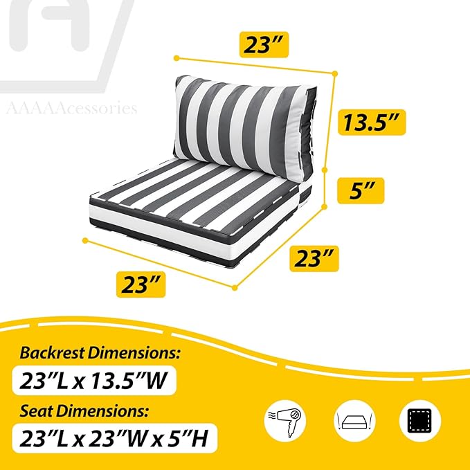 AAAAAcessories Outdoor Seat Cushions for Chairs, Fade-Resistant, Waterproof Patio Furniture Replacement Cushions, 23" x 23" x 5" + 23" x 13.5", Gray Cabana Stripe