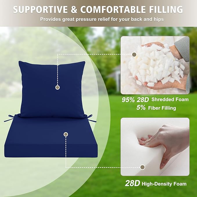 24x24 Inch Outdoor Cushions for Patio Furniture, Waterproof Outdoor Chair Cushions w/ Fade-Resistant, Removable & Machine-Washable Cover, Deep Seat Sofa/Couch Pad Replacement – Set of 1/2/4, Navy Blue