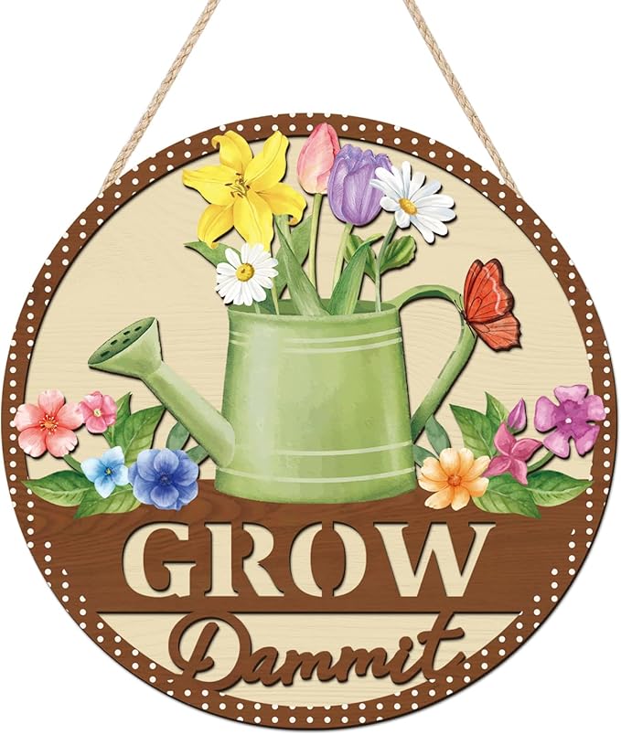 HOURIA 3D Spring Flower Wreath Door Sign(11.4”x11.4”), Grow Dammit Garden Farmhouse Wooden Door Decor,Vintage Spring Watering Can Floral Wall Hanging Sign for Front Door Outdoor Porch