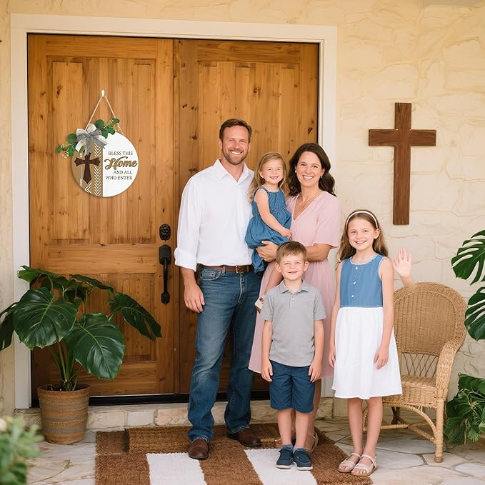 CHDITB Boho Bless This Home Front Door Sign Wreath(12"x12"), Wooden 3D Welcome Decoration Wall Hanging with Eucalyptus Leaves Plaid Bow, Rustic Religious Christian Cross Decor for Front Porch Outdoor