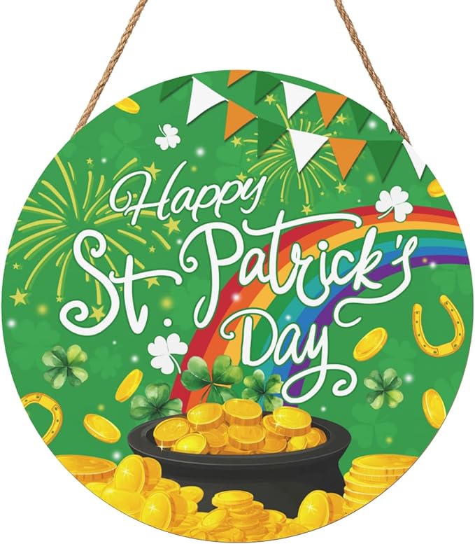St. Patrick's Day Door Hanger Lucky Shamrock Rainbow Door Sign for Front Door Happy St Patricks Day Wooden Hanging Decoration for Wall Porch Outdoor Holiday