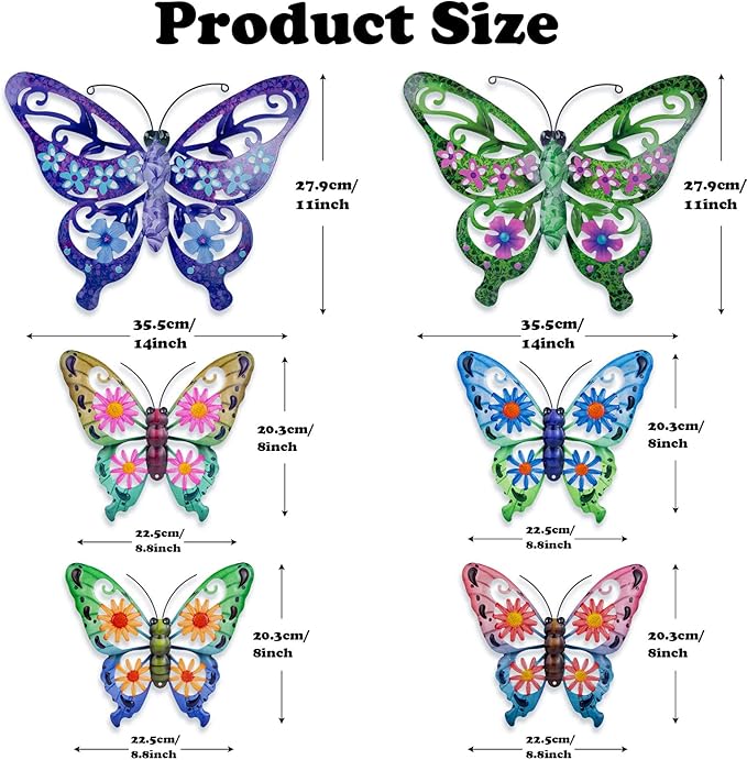 SUNREEK 6Pcs Metal Butterfly Wall Decor, 14Inch/9Inch Outdoor Butterfly Wall Art for Fence Garden Yard Room Patio Balcony Decorations