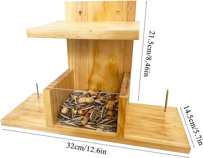 Squirrel Feeder, Wooden Squirrel Feeders for Outside, Durable Chipmunk Feeding House Corn Cob Holder and Peanut Nuts Tray for Outdoors, Easy to Clean & Refill, Waterproof