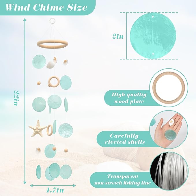 Sea Shells Wind Chimes - Handcrafted Aqua Green Capiz Shells Windchime with Starfish, Coastal Style Decor for Indoor/Outdoors, Garden Decor, Great Gift for Women, Wind Chimes Lovers and More