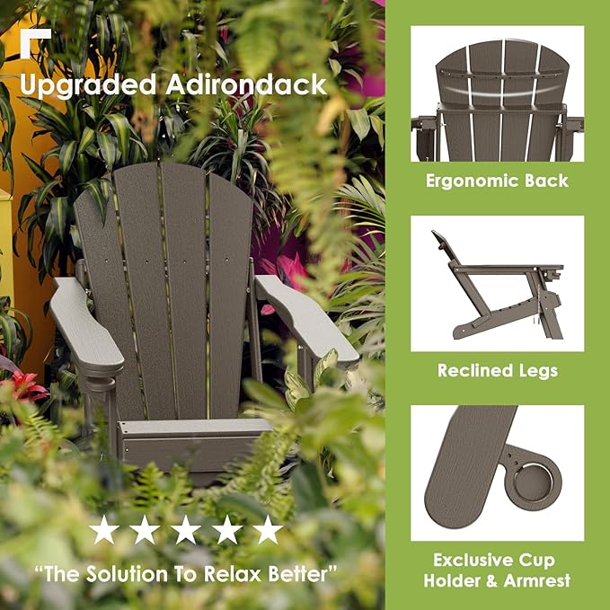 GREENVINES Adirondack-Chairs-with-Ottoman | Set of 6 | Wood Grain | Desert Brown | Folding | Retractable-Footrest | HDPE Plastic | All Weather Fire Pit Chair | Cup Holders | for Outdoor Poolside