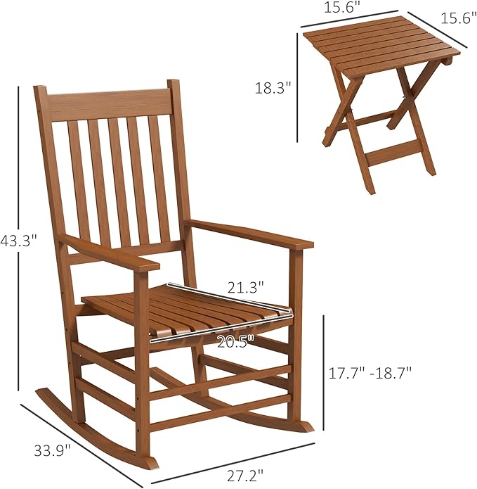 Outsunny Outdoor Rocking Chair Set of 2 with Side Table, Patio Wooden Rocking Chair with Smooth Armrests, High Back for Garden, Balcony, Porch, Supports Up to 352 lbs, Teak