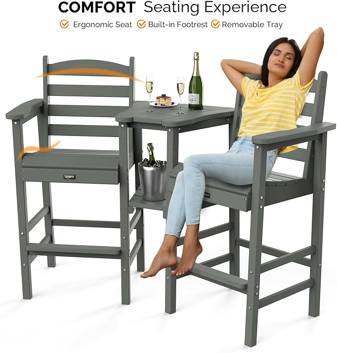 VINGLI Tall Adirondack Chairs Set of 2 with Removable Double Connecting Trays, HDPE Weather Resistance Outdoor Bar Stools Heavy Duty Patio Table and Chars Set Poly Deck Chairs for Pool Balcony (Gray)