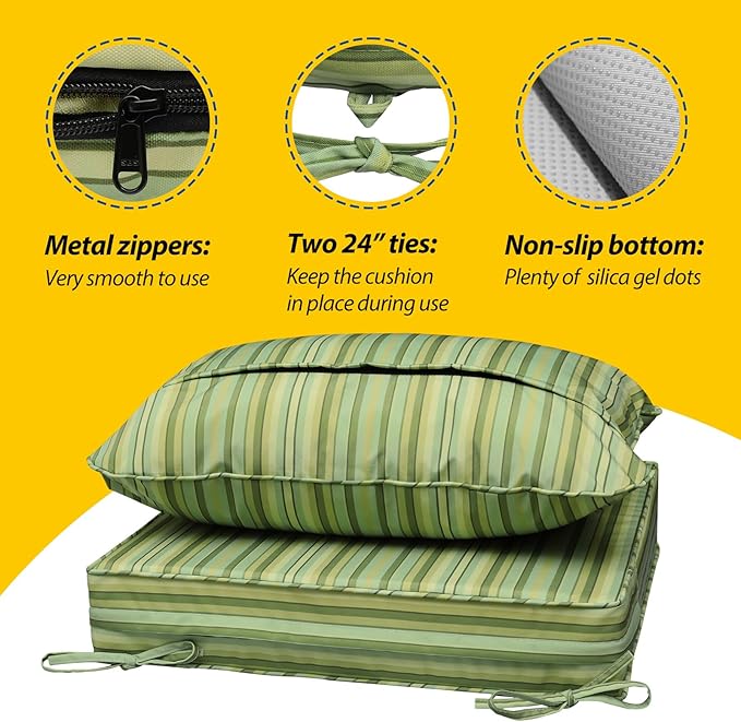 AAAAAcessories Outdoor Seat Cushions for Chairs, Fade-Resistant, Waterproof Patio Furniture Replacement Cushions, 22" x 22" x 3" + 22" x 17", Mossy Forest Stripe