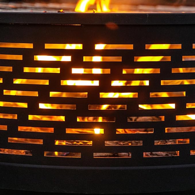 26" Wood Burning Fire Pits with Grill & Lid, Fire Pit Table for Outside with Waterproof Cover & Fire Poker, Outdoor Firepit with Functions for BBQ,Table and Bonfire