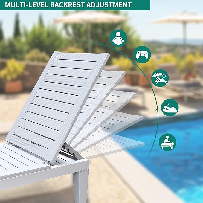 YITAHOME Outdoor Chaise Lounge Chairs Set of 4 with Adjustable Backrest, Sturdy Loungers for Patio & Poolside, Easy Assembly & Waterproof & Lightweight with 265lbs Weight Capacity, Grayish-White