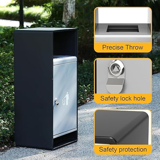 Commercial Outdoor Trash Can with Lid,Rust-Resistant Waterproof Windproof Garbage Can with Removable Inner Barrel, Lockable Stainless Steel Trash Bin for Patio Hotel Park Garden(Gray)
