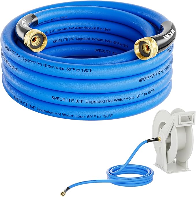 SPECILITE Female to Female Hot/Cold Garden Water Hose 15 ft x 3/4 Inch for Hose Reel, -50℉To 190℉, Heavy Duty, Flexible, Burst 605 Psi, Rubber Extension Pipe with 3/4" Brass Fittings